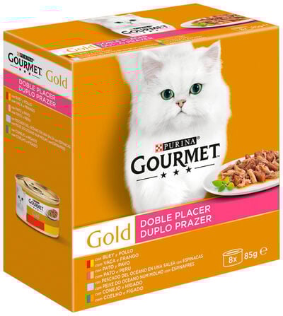 Comida h&uacute;meda para gato Gourmet Gold Doble Placer pack surtido 8x85g