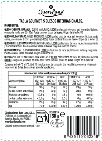 Tabla gourmet de 5 quesos internacionales Juan Luna 150 g