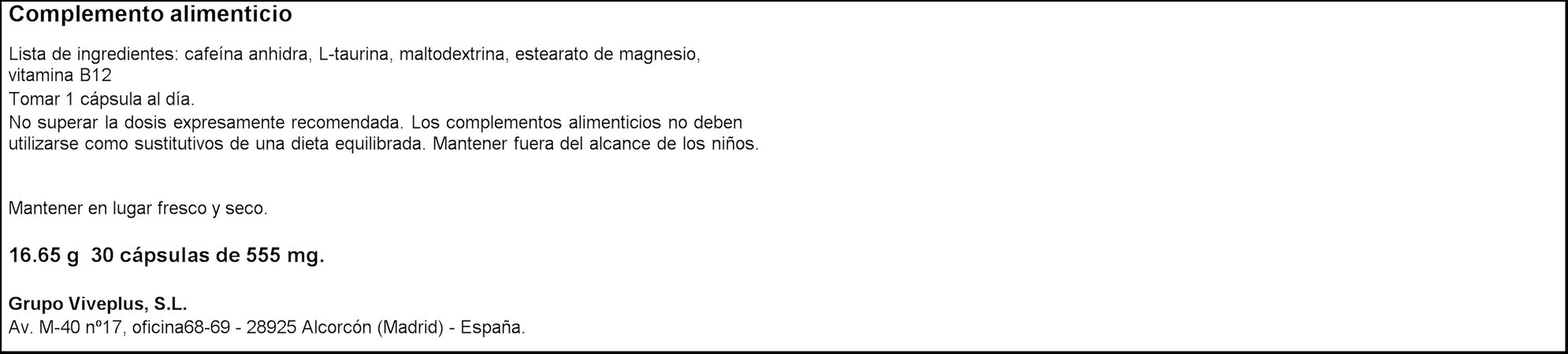Cafeína+taurina Vive+ 30 cápsulas