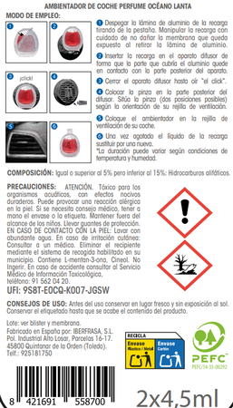 Ambientador coche Lanta 4,5ml 2 unidades oc&eacute;ano