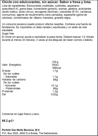 Chicles sin az&uacute;car de fresa y lima Trident 68,2g