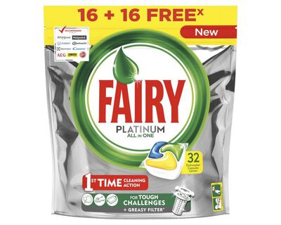 Detergente en cápsulas para lavavajillas Fairy 16+16 uds Platinum