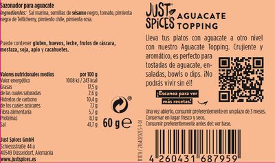 Sazonador topping aguacate Just Spices 60g