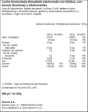 B&iacute;fidus probi&oacute;tico Activia desnatado 0% materia grasa pack 4 natural edulcorado