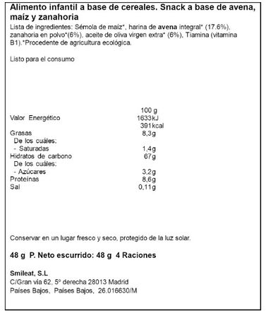 Alimento infantil snack a base de ma&iacute;z avena y zanahoria Smileat 48 g