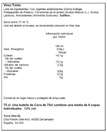 Vino tinto garnacha Torre Oria 75cl