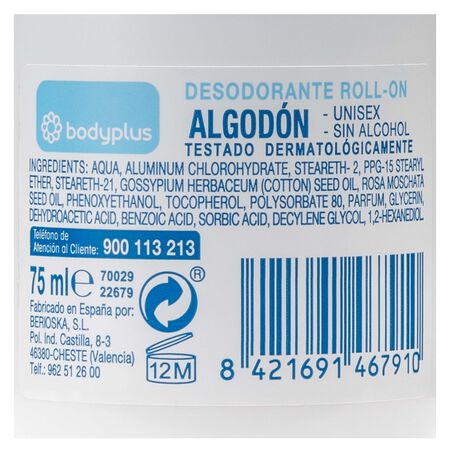 Desodorante en roll-on Bodyplus 75ml algodón