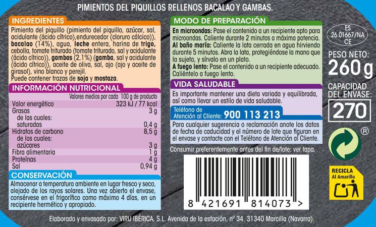 Pimientos del piquillo bacalao y gambas Alipende 260g