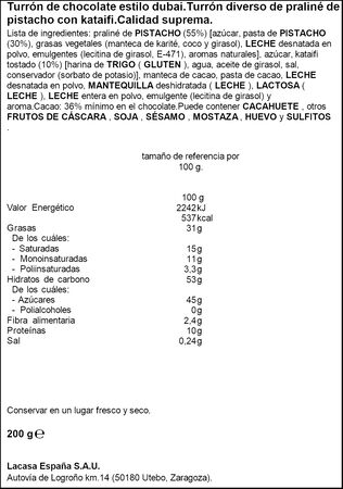 Turrón de chocolate Dubai con pistacho y kataifi Lacasa 225g