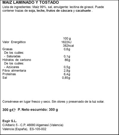 Cereales corn flakes classic sin az&uacute;car a&ntilde;adido Esgir 300g