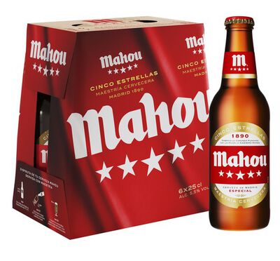 Cerveza rubia especial Mahou 5 Estrellas pack 6 botellas 25cl