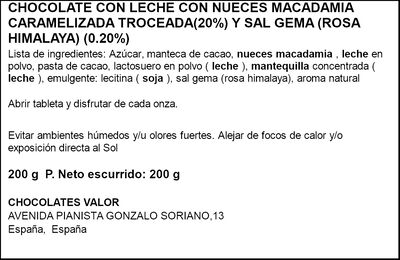 Chocolate con leche y nueces de macadamia caramelizada al punto de sal Valor 200g