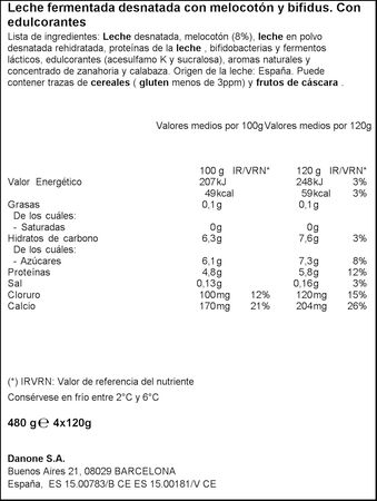 Bífidus probiótico Activia 0% pack 4 melocotón
