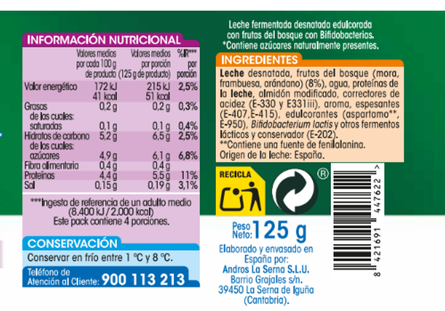 Bífidus Alipende sin azúcar añadido pack 4 frutas del bosque