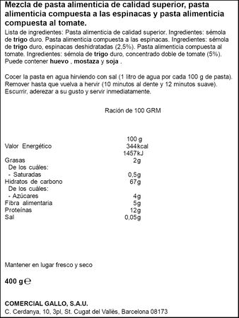Helices vegetales tomate y espinacas Gallo 400g