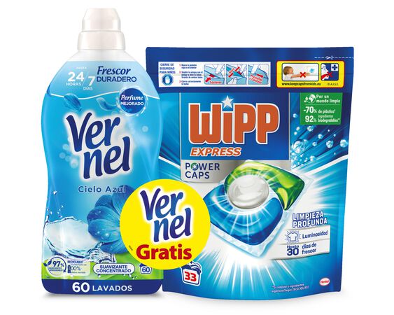 Detergente en cápsulas Wipp Express Power 33 lavados + Suavizante Vernel 60 lavados Cielo Azul