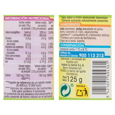 Yogur desnatado Alipende pack 4 limón 500g