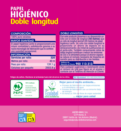 Papel higi&eacute;nico Lanta 18 rollos doble longitud