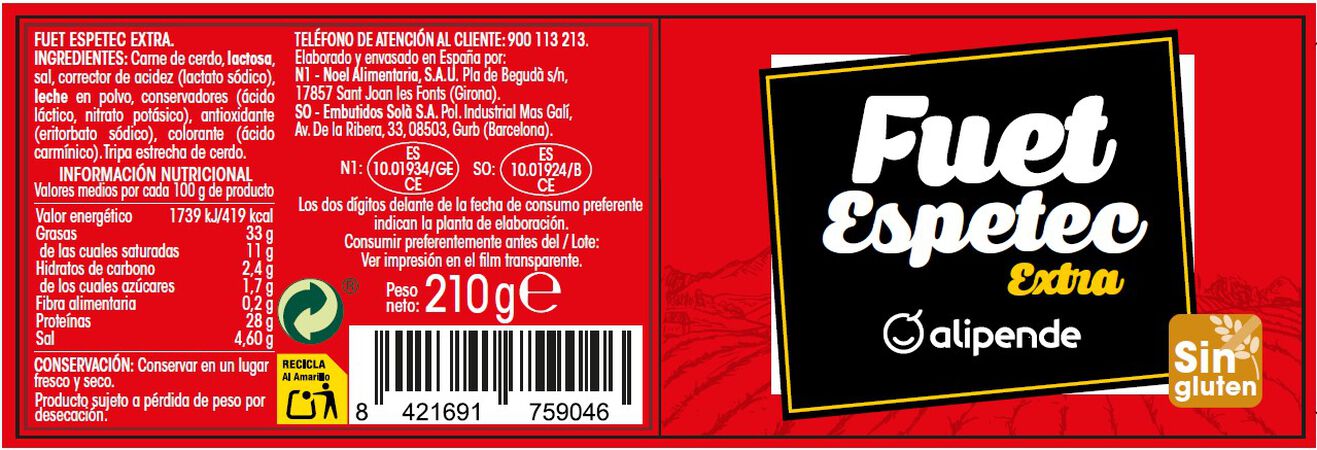 Fuet espetec calidad extra Alipende pieza 210g