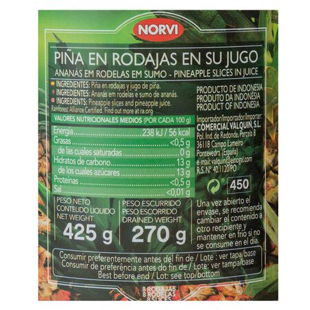 Piña en su jugo sin azucar añadido Norvi 270g