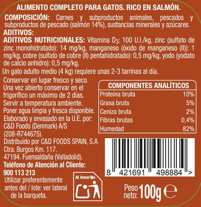 Comida h&uacute;meda gato Meque tarrina rico en salm&oacute;n 100g