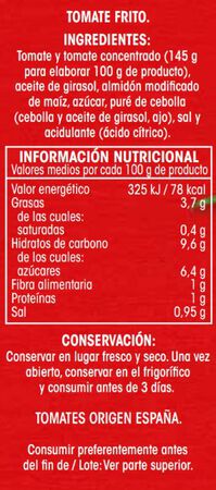 Tomate frito origen nacional sin gluten Alipende p3 400g