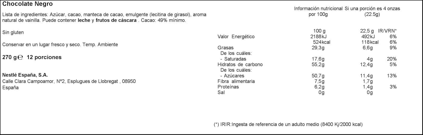 Chocolate negro sin gluten Nestlé 270g