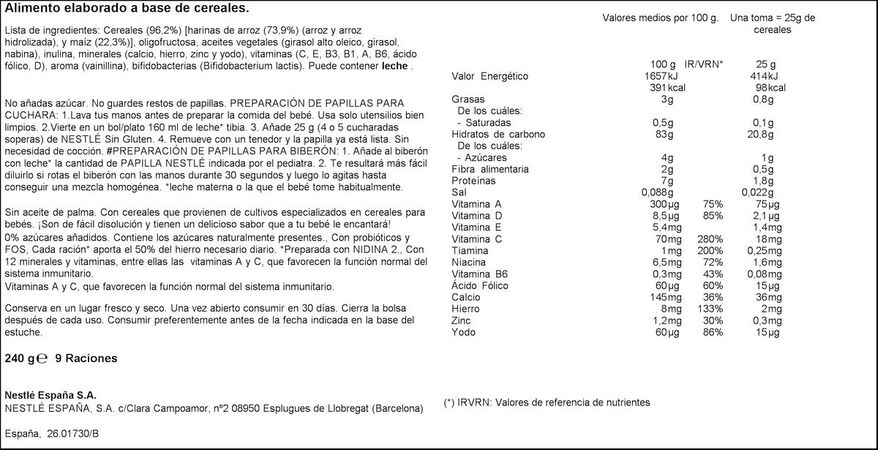 Papilla sin gluten Nestlé 240g maíz y arroz