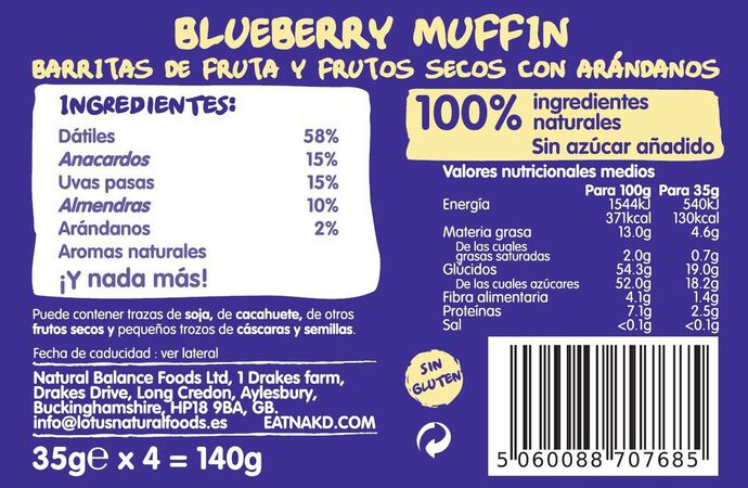 Barritas sin azúcar añadido Nakd 4u blueberry muffin
