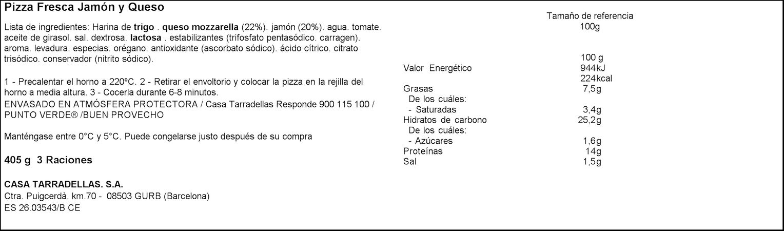 Pizza Casa Tarradellas 405g jamon y queso