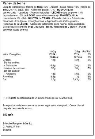 Pan de leche brioche con masa madre Pasquier 10 unidades 350 g