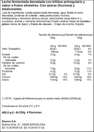 B&iacute;fidus Activia desnatado 0% materia grasa pack 4 sabor frutas silvestres