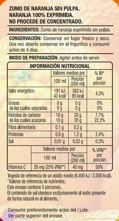 Zumo de naranja 100% exprimida sin pulpa Alipende 1L