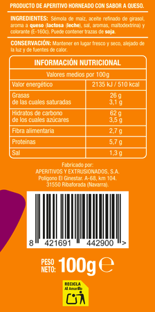 Snack de ma&iacute;z rollitos Alipende 100g sabor queso