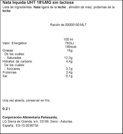 Nata para cocinar sin lactosa Asturiana 200ml