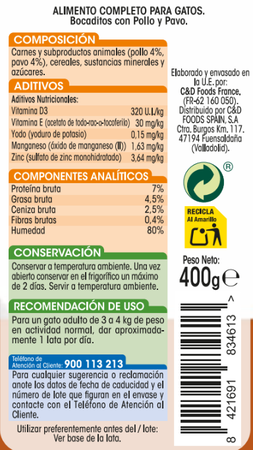 Alimento completo para gatos con pollo y pavo Meque 400g