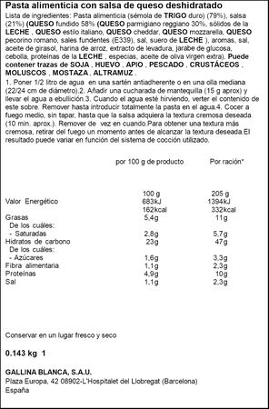 Tallarines deshidratados parmesana Gallina Blanca 143g