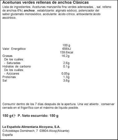 Aceitunas verdes rellenas de anchoa La Española 150g