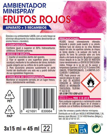Ambientador minispray Lanta aparato + 3 recambios frutos rojos