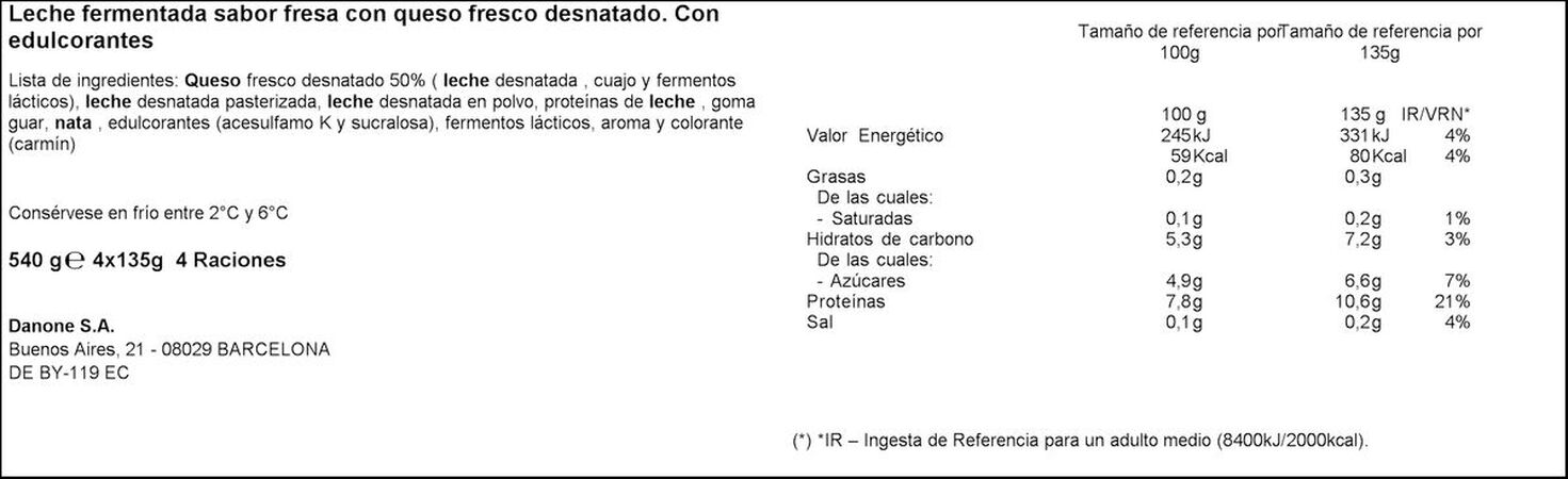 Yogur desnatado Vitalinea satisfacción pack 4 fresa