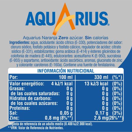 Bebida isotónica zero Aquarius 33cl naranja