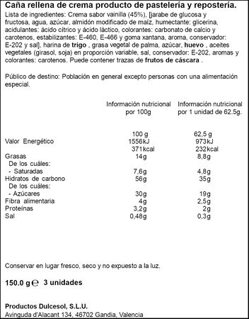 Caña rellena de crema Dulcesol 3uds