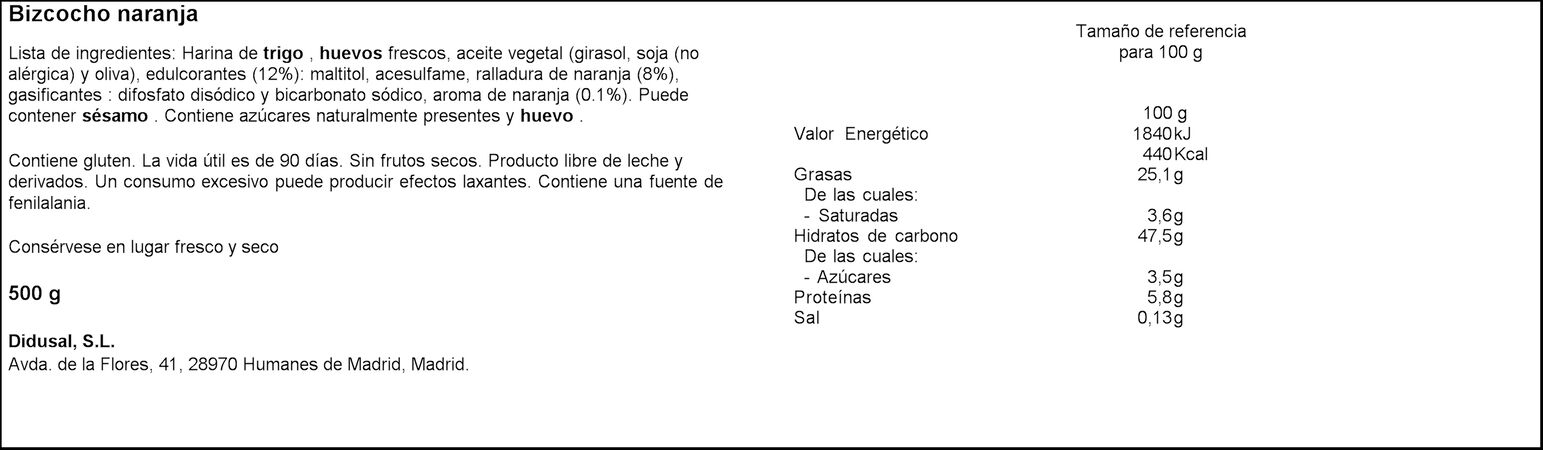 Bizcocho Laly naranja sin lactosa y sin azúcar 450g
