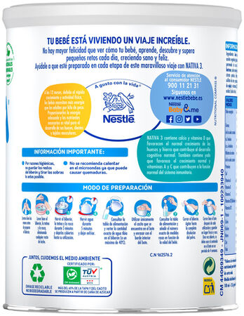 Leche crecimiento en polvo Nativa 3 Nestlé desde 12meses 800g