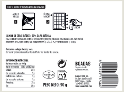 Jam&oacute;n de cebo 50% ib&eacute;rico Boadas 90g en lonchas