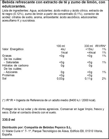 Refresco de té limón zero Lipton. 33cl
