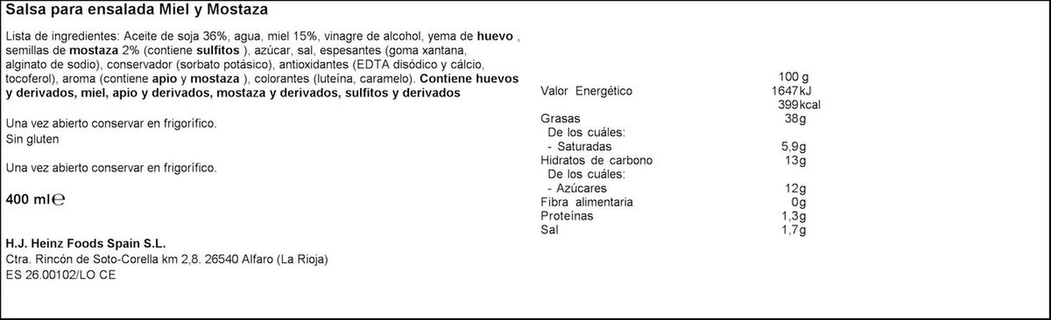 Salsa mostaza y miel Heinz 400ml