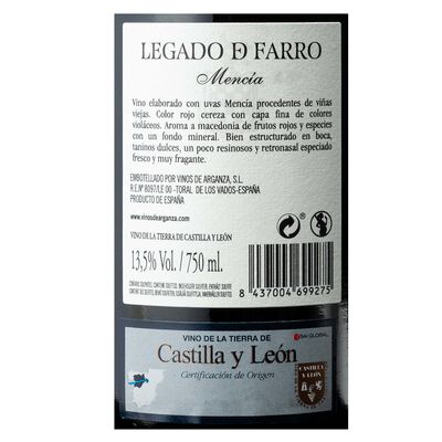 Vino tinto Legado de Farro menc&iacute;a