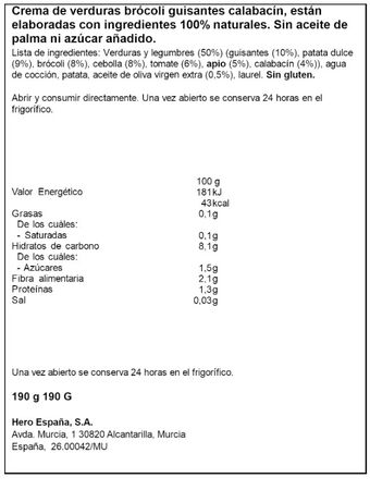 Alimento infantil crema verduras br&oacute;coli guisantes y calabac&iacute;n m&aacute;s de seis meses Hero 190g
