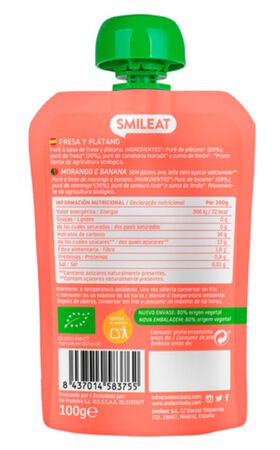 Alimento infantil preparado de frutas ecol&oacute;gico sin gluten Smileat pouch 100g